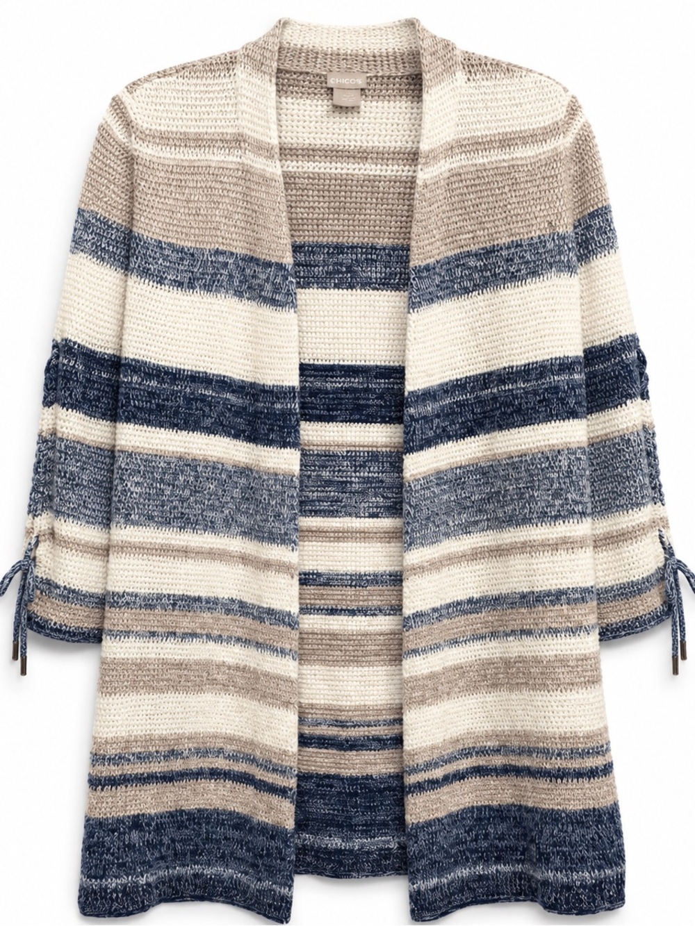 Chico's‎ Striped Open-Front Cardigan in Navy, Cream & Taupe OP